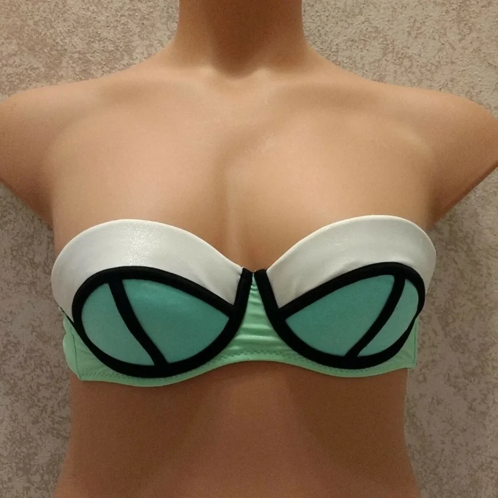 Rue Bleu Mint and White Color Block Bandeau Bikini Top